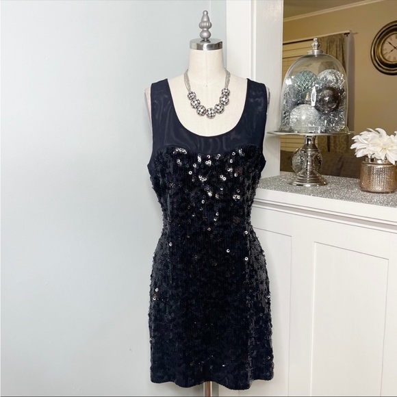 Express Black Sequin Glam A Line Mini Dress Large - Picture 4 of 5